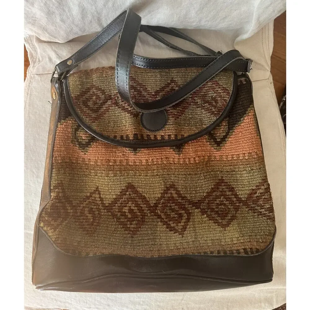 Vintage Purse Woven Jute Leather Crossbody Black Brown Rug Kilim Messenger Bag - Picture 3 of 16